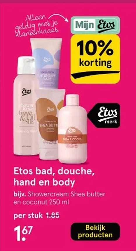 Etos bad, douche, hand en body bijv. Showercream Shea butter en coconut 250 ml