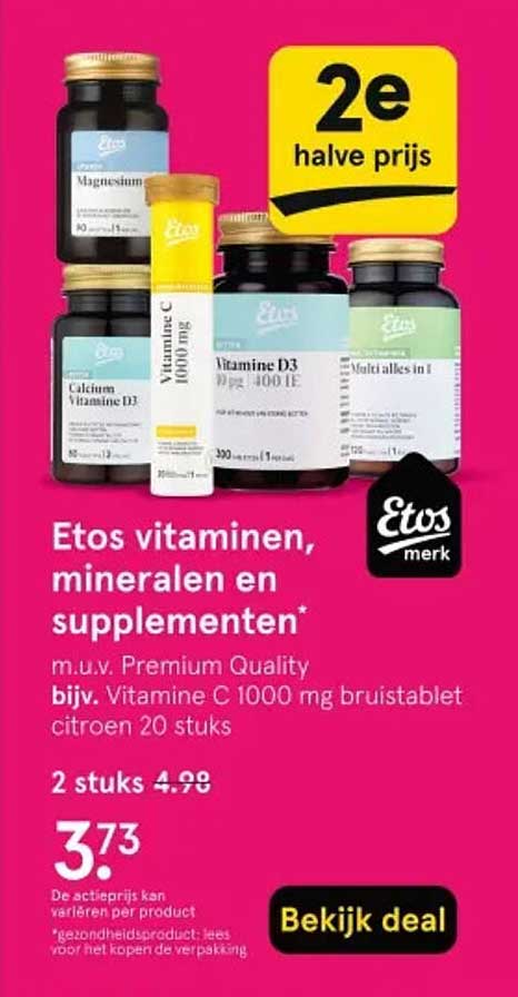 Etos vitaminen, mineralen en supplementen* m.u.v. Premium Quality bijv. Vitamine C 1000 mg bruistablet citroen 20 stuks