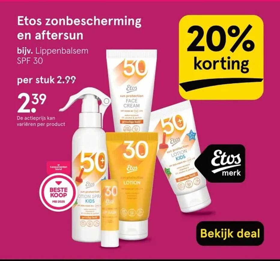 Etos zonbescherming en aftersun bijv. Lippenbalsem SPF 30