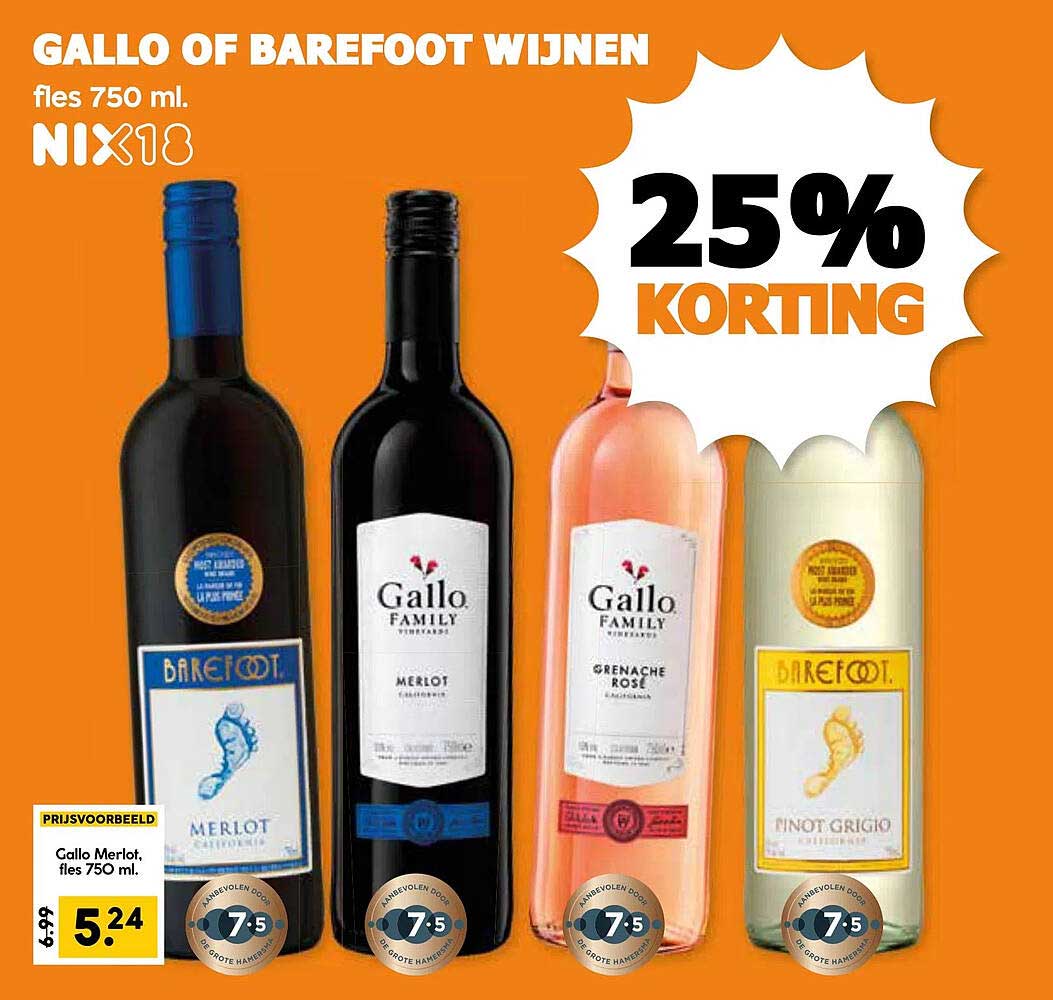 Gallo of Barefoot Wijnen, fles 750 ml.