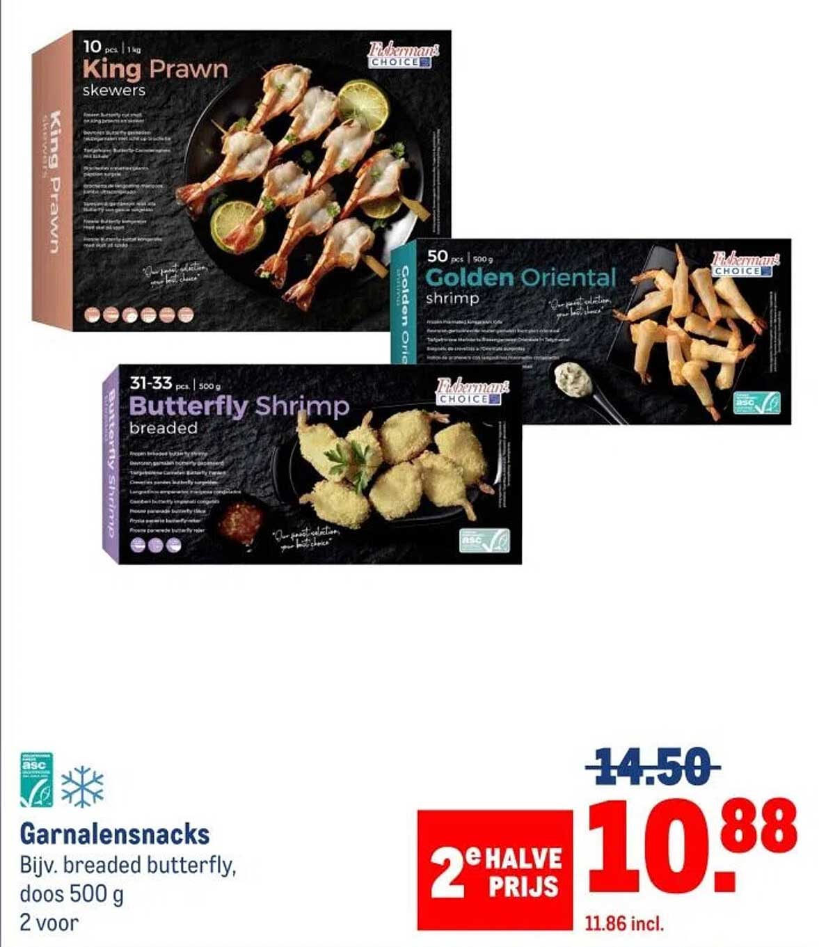 Garnalensnacks Bijv. breaded butterfly, doos 500 g, 2 voor