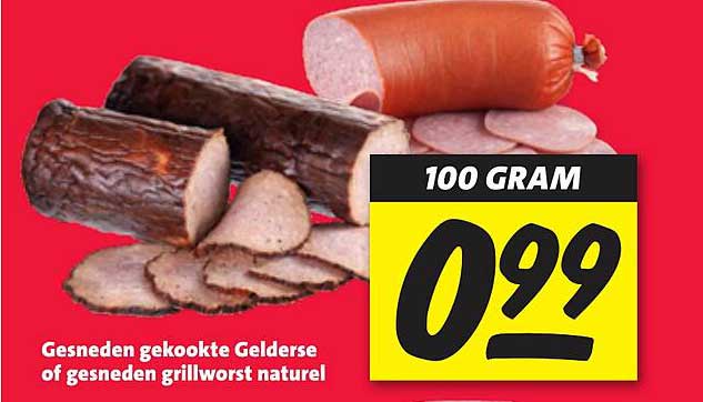 Gesneden gekookte Gelderse of gesneden grillworst naturel