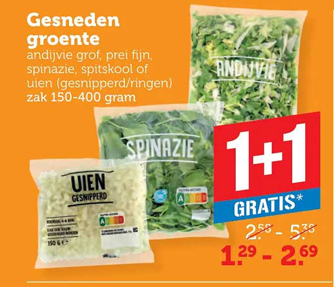 Gesneden groente andijvie grof, prei fijn, spinazie, spitskool of uien (gesnipperd/ringen) zak 150-400 gram
