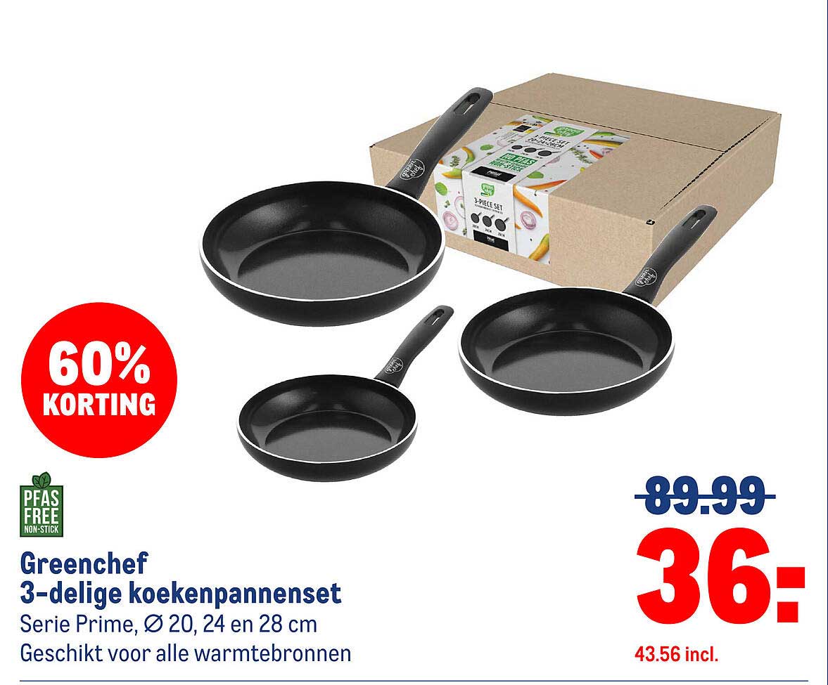 Greenchef 3-delige koekenpannenset Serie Prime, Ø 20, 24 en 28 cm