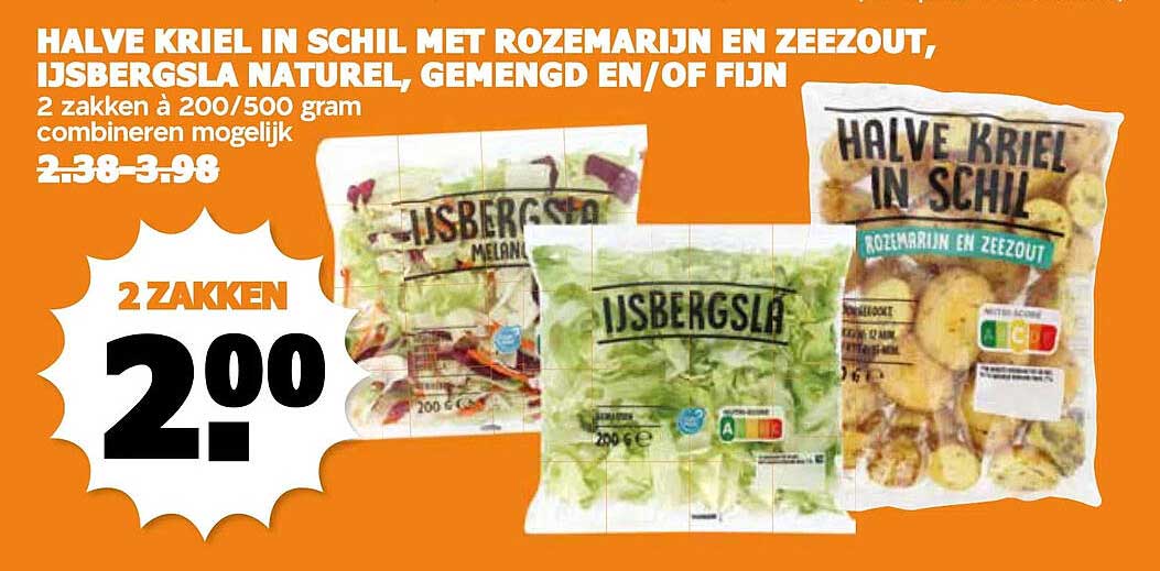 HALVE KRIEL IN SCHIL MET ROZEMARIJN EN ZEEZOUT, IJSBERGSLA NATUREL, GEMENGD EN/OF FIJN