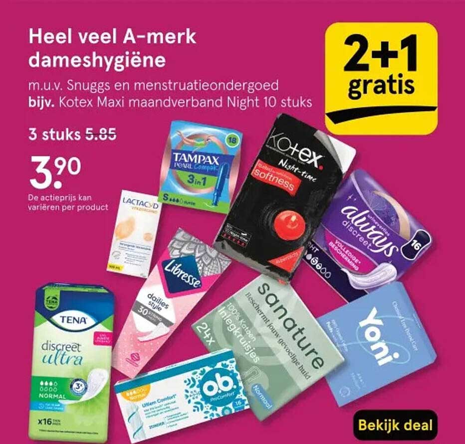 Heel veel A-merk dameshygiëne m.u.v. Snuggs en menstruatieondergoed bijv. Kotex Maxi maandverband Night 10 stuks