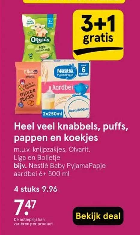 Heel veel knabbels, puffs, pappen en koekjes