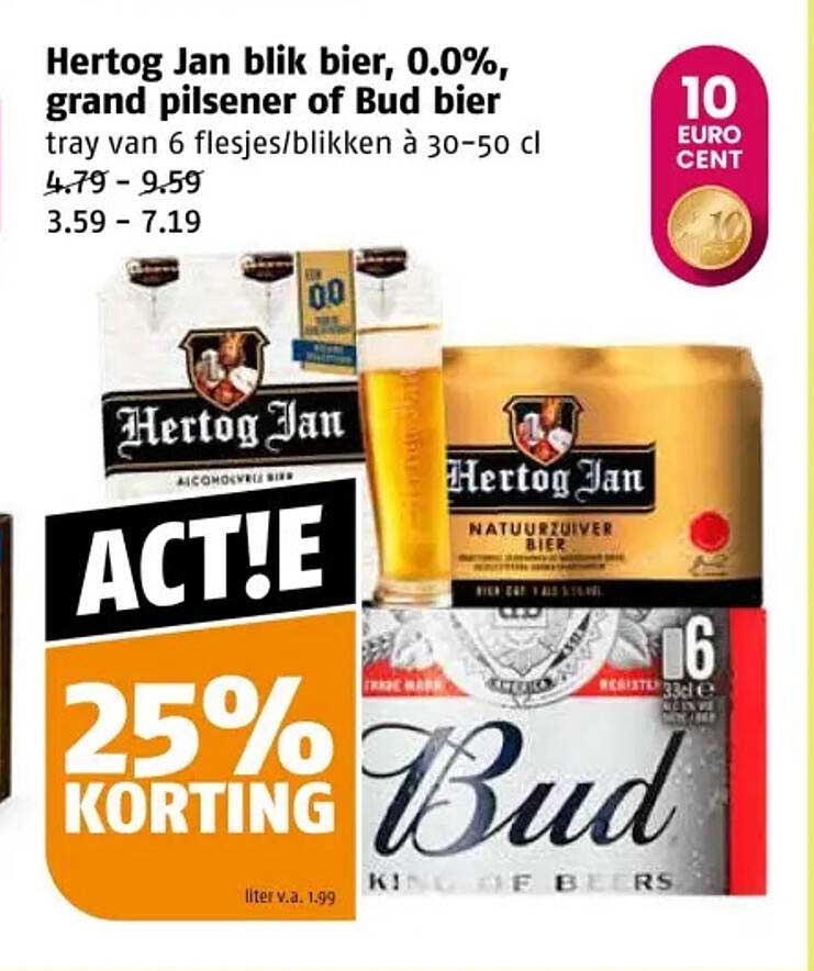 Hertog Jan blik bier, 0.0%, grand pilsen of Bud bier tray van 6 flesjes/blikken à 30-50 cl