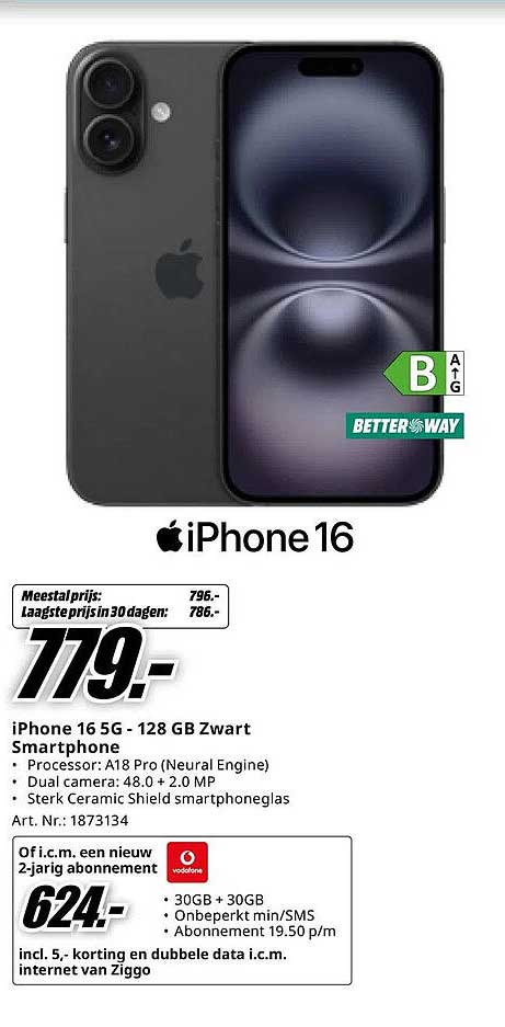 iPhone 16 5G - 128 GB Zwart Smartphone