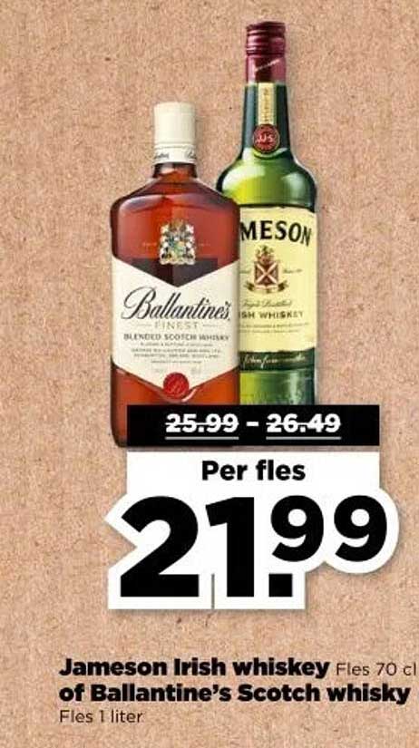 Jameson Irish whiskey Fles 70 cl of Ballantine's Scotch whisky Fles 1 liter