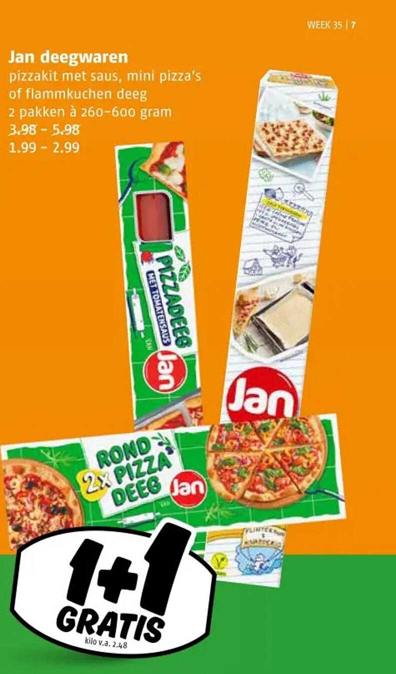 Jan deegwaren pizzakit met saus, mini pizza's of flammkuchen deeg 2 pakken à 260-600 gram