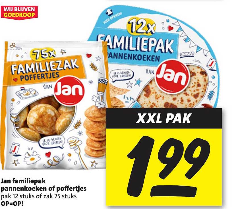 Jan familieverpakking pannenkoeken of poffertjes pak 12 stuks of zak 75 stuks OP=OP!