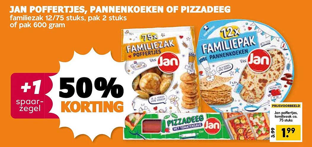 JAN POFFERTJES, PANNEKOEKEN OF PIZZADEEG, FAMILIEZAK 12/75 STUKS, PAK 2 STUKS OF PAK 600 GRAM
