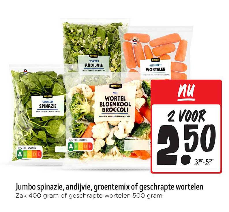 Jumbo spinazie, andijvie, groentemix of geschaapte wortelen