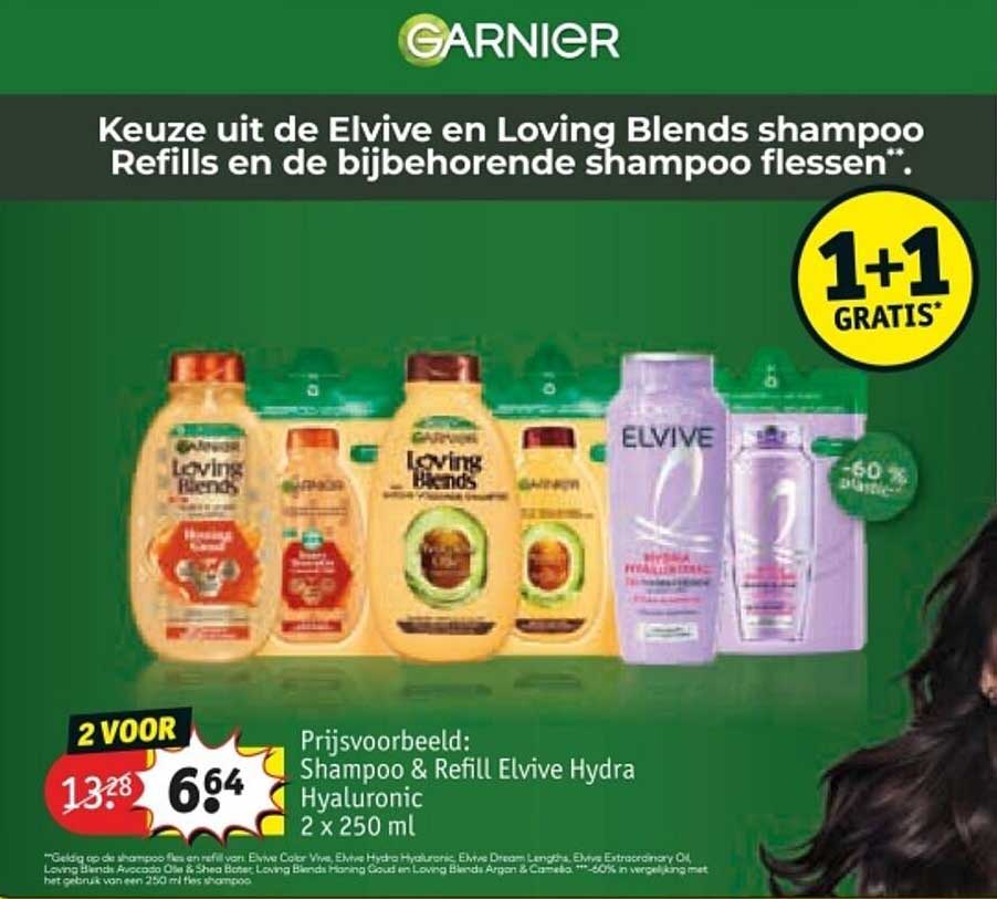 Keuze uit de Elvive en Loving Blends shampoo Refills en de bijbehorende shampoo flessen**: 1+1 GRATIS*
