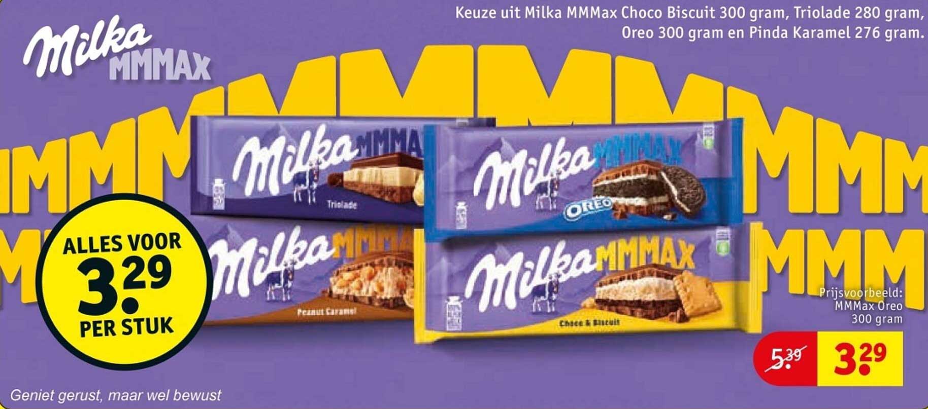 Keuze uit Milka MMMax Choco Biscuit 300 gram, Triolade 280 gram, Oreo 300 gram en Pinda Karamel 276 gram.