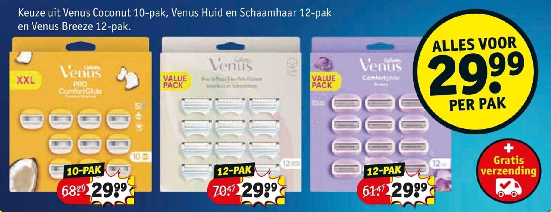 Keuze uit Venus Coconut 10-pak, Venus Huid en Schaamhaar 12-pak en Venus Breeze 12-pak.
