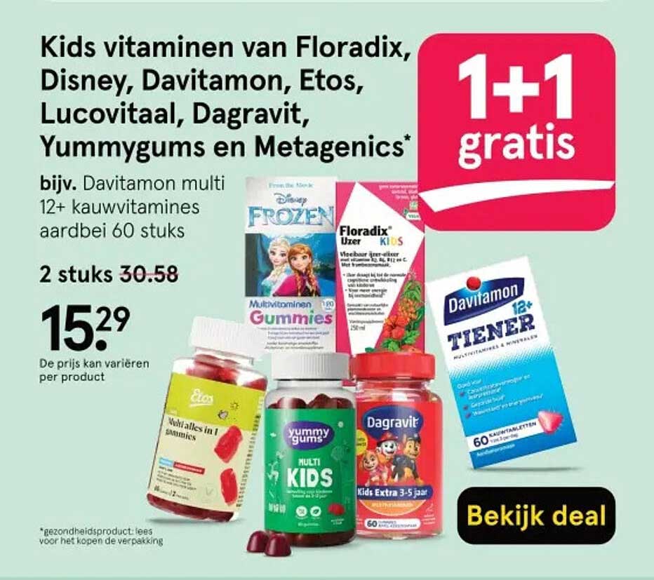 Kids vitamines van Floradix, Disney, Davitamon, Etos, Lucovitaal, Dagravit, Yummygums en Metagenics