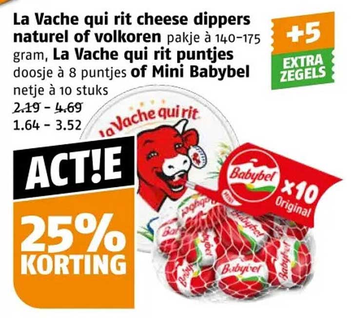 La Vache qui rit cheese dippers naturel of volkoren pakje à 140-175 gram, La Vache qui rit puntjes doosje à 8 puntjes of Mini Babybel netje à 10 stuks