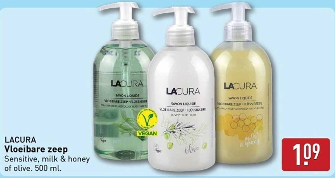 LACURA Vloeibare zeep Sensitive, milk & honey of olive. 500 ml.