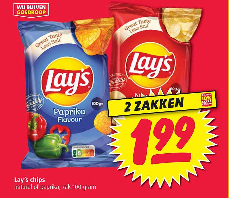 Lay's chips naturel of paprika, zak 100 gram