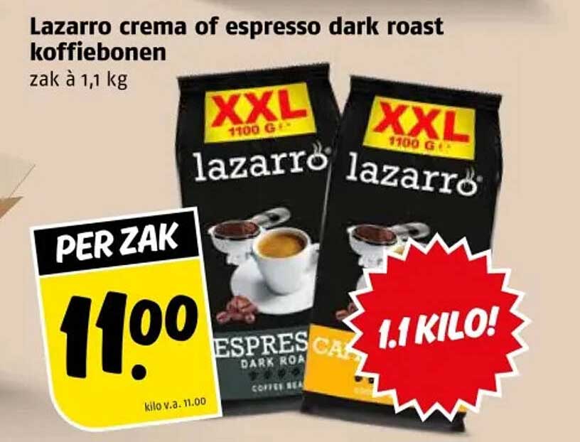 Lazarro crema of espresso dark roast koffiebonen zak à 1,1 kg