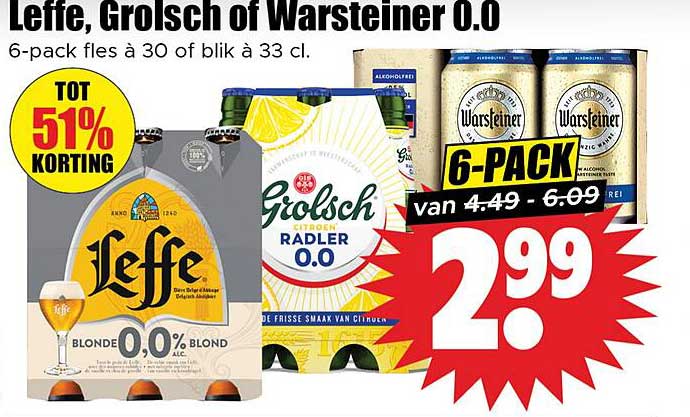 Leffe, Grolsch of Warsteiner 0.0 - 6-pack fles á 30 of blik à 33 cl.