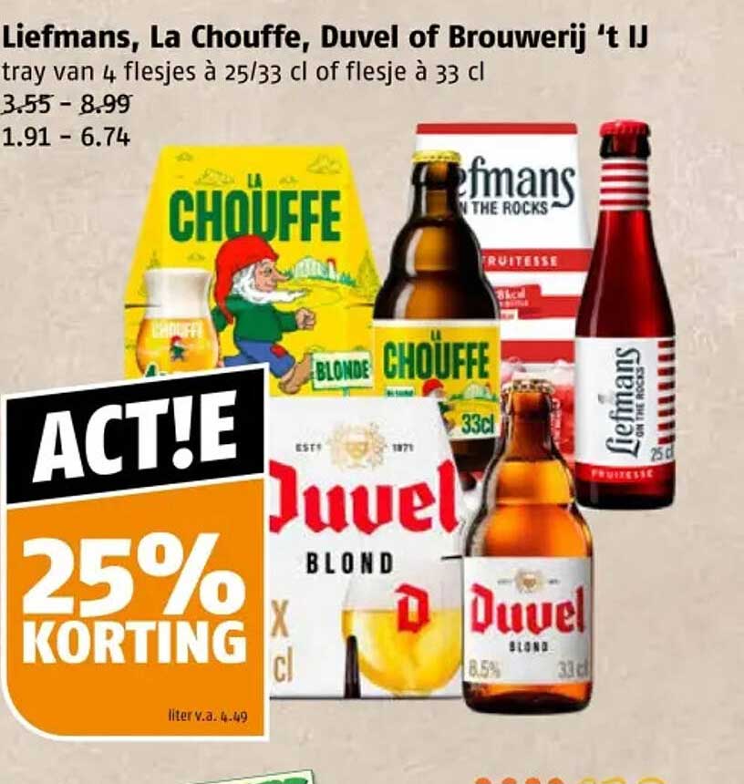 Liefmans, La Chouffe, Duvel of Brouwerij 't IJ - tray van 4 flesjes à 25/33 cl of flesje à 33 cl