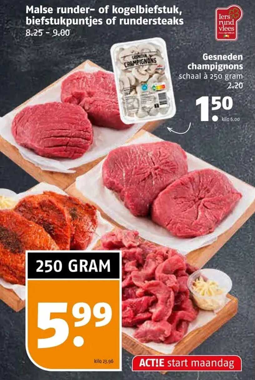 Malse runder- of kogelbiefstuk, biefstukpuntjes of rundersteaks