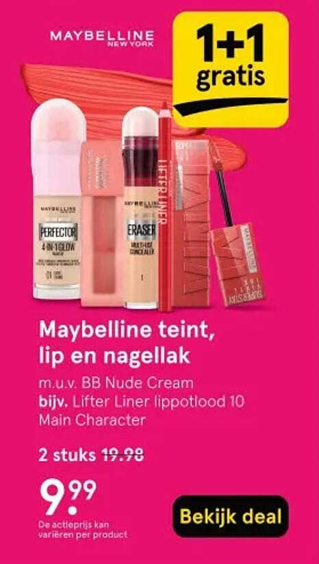 Maybelline teint, lip en nagellak m.u.v. BB Nude Cream bijv. Lifter Liner lippotlood 10 Main Character