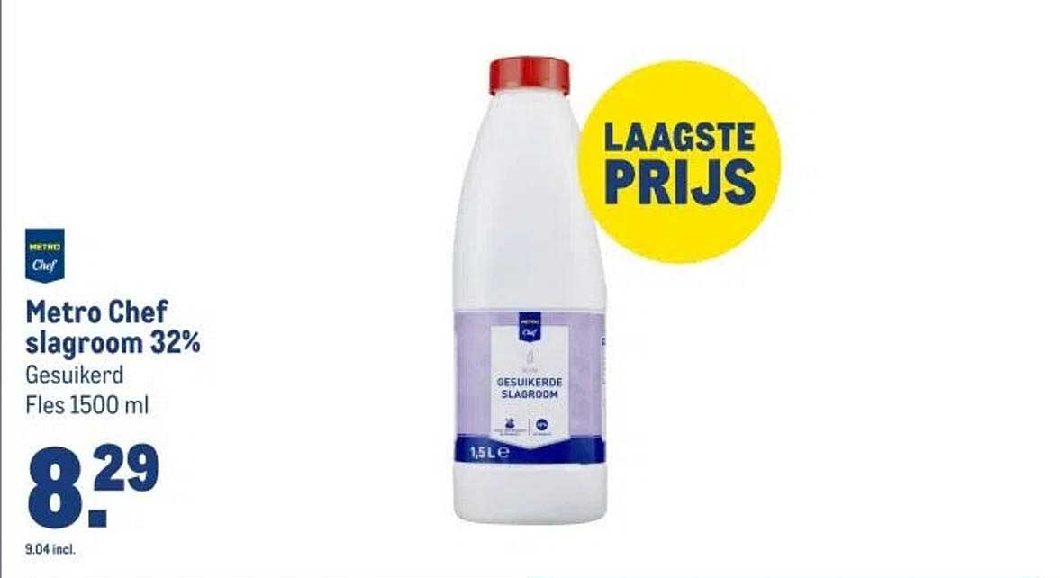Metro Chef slagroom 32% Gesuikerd Fles 1500 ml