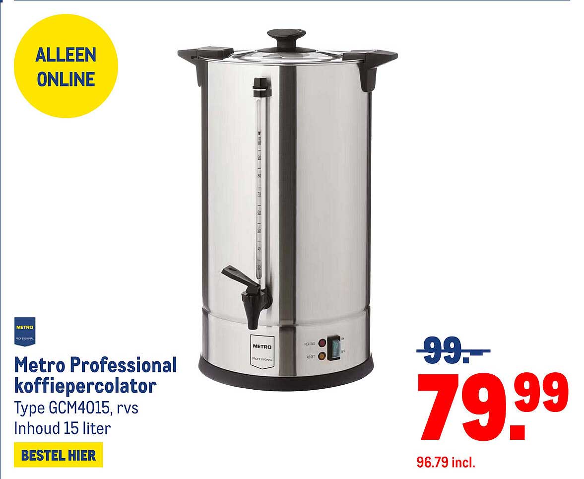 Metro Professional koffiepercolator Type GCM4015, rvs Inhoud 15 liter