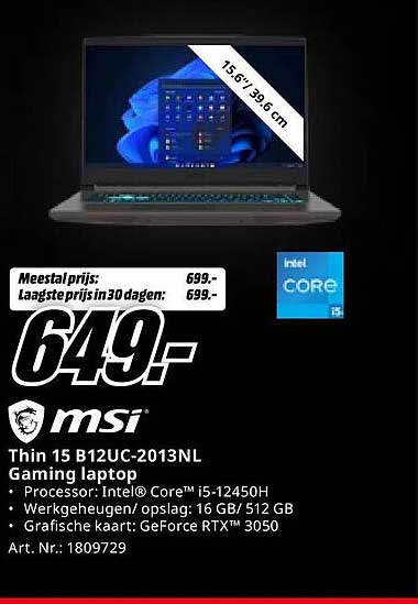 MSI Thin 15 B12UC-2013NL Gaming laptop