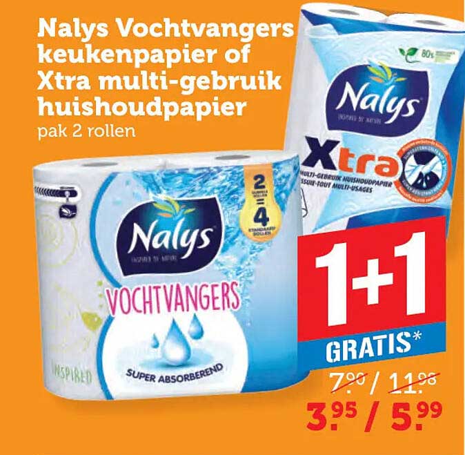 Nalys Vochtvangers keukenpapier of Xtra multi-gebruik huishoudpapier pak 2 rollen