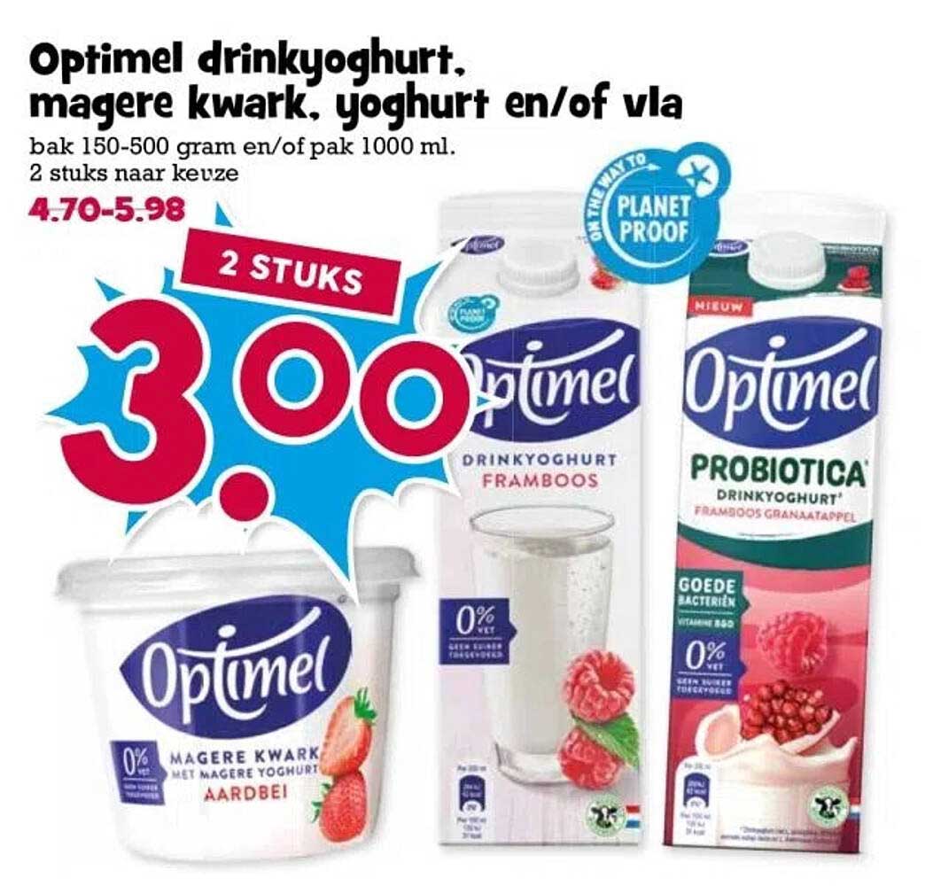 Optimel drinkyoghurt, magere kwark, yoghurt en/of vla