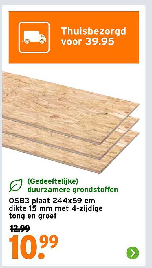OSB3 plaat 244x59 cm dikte 15 mm met 4-zijdige tong en groef