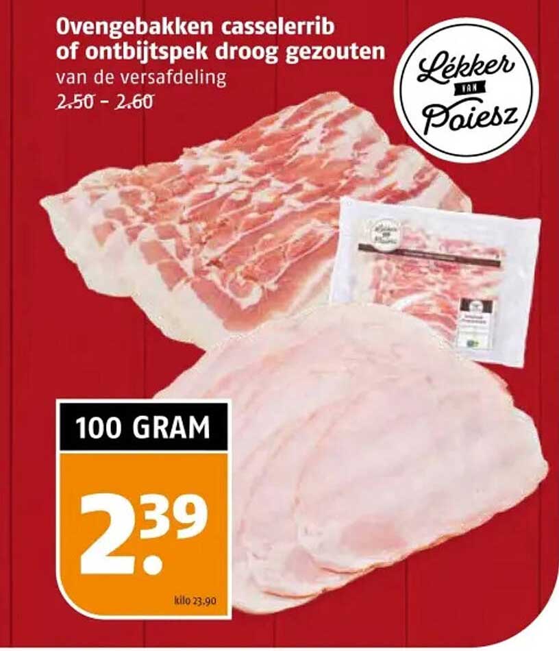 Ovenggebakken casselerib of ontbijtspek droog gezouten van de versafdeling