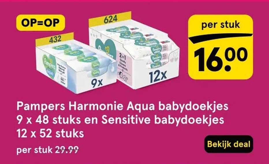 Pampers Harmonie Aqua babydoekjes 9 x 48 stuks en Sensitive babydoekjes 12 x 52 stuks