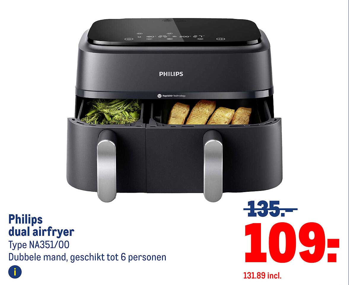 Philips dual airfryer Type NA351/00 Dubbelen mand, geschikt tot 6 personen