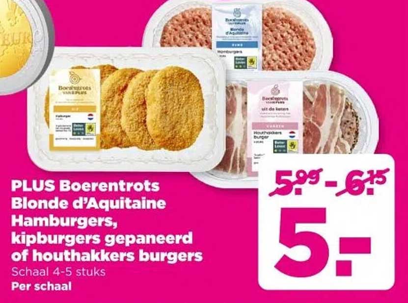 PLUS Boerentrots Blonde d'Aquitaine Hamburgers, kipburgers gepaneerd of houthakkers burgers