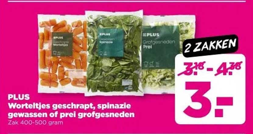 PLUS Worteltjes geschoond, spinazie gewassen of prei grofgesneden