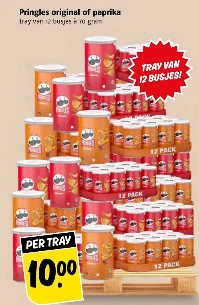 Pringles original of paprika tray van 12 busjes à 70 gram