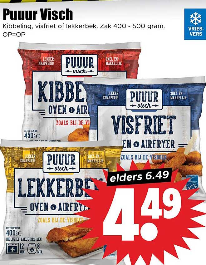 Puur Visch kibbeling, visfrieten of lekkerbek. Zak 400 - 500 gram.