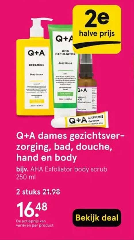 Q+A dames gezichtsverzorging, bad, douche, hand en body bijv. AHA Exfoliator body scrub 250 ml