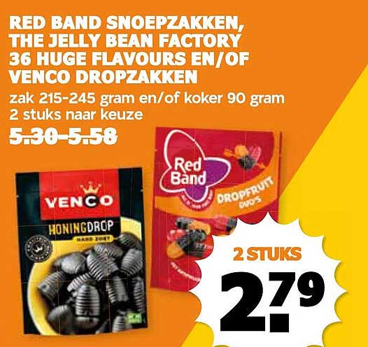 RED BAND SNOEPZAKKEN, THE JELLY BEAN FACTORY 36 HUGE FLAVOURS EN/OF VENCODROPZAKKEN
