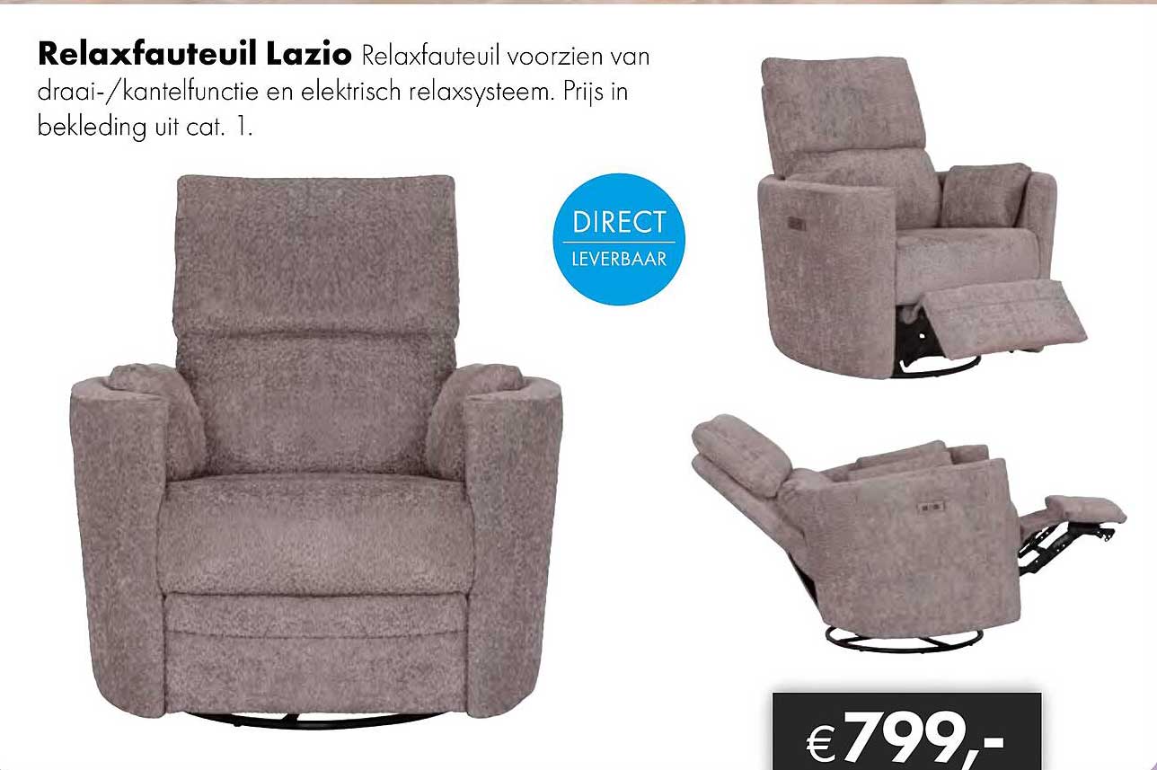 Relaxfauteuil Lazio Relaxfauteuil voorzien van draai-/kantelfunctie en elektrisch relaxsysteem. Prijs in bekleding uit cat. 1.