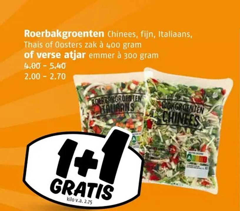 Roerbakgroenten Chinees, fijn, Italiaans, Thais of Oosters zak à 400 gram of verse atjar emmer à 300 gram