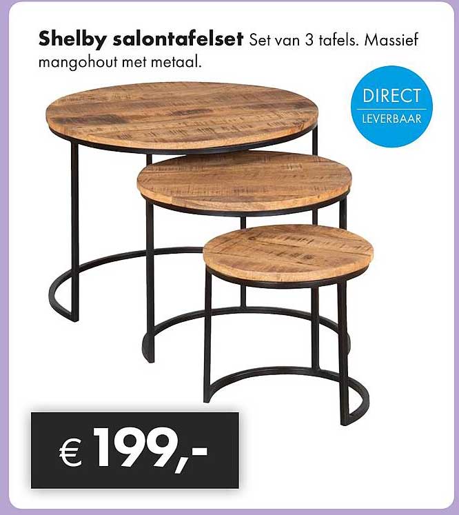 Shelby salontafelsset Set van 3 tafels. Massief mangohout met metaal.