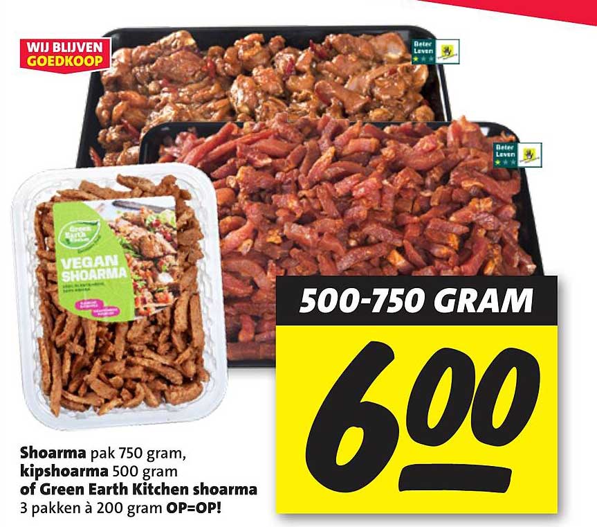 Shoarma pak 750 gram, kipshoarma 500 gram of Green Earth Kitchen shoarma 3 pakken à 200 gram OP=OP!