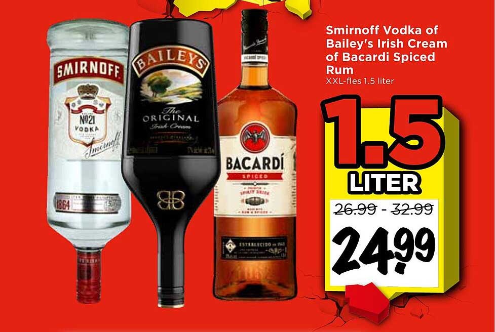 Smirnoff Vodka of Bailey's Irish Cream of Bacardi Spiced Rum XXL-fles 1.5 liter